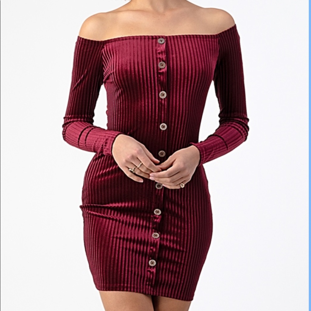 Velvety Wine Off Shoulder Button Front Dress